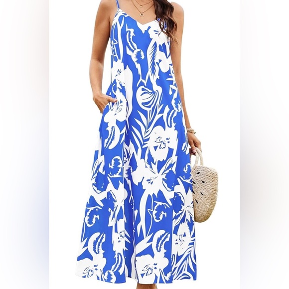 Boho Summer Dresses Floral Sleeveless Spaghetti Strap Maxi Dress with Pockets - Picture 1 of 5